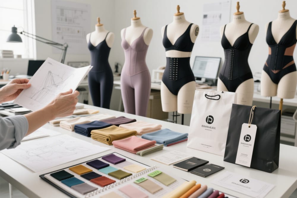 Modelos de prendas moldeadoras, materiales y características de marca para una colección
