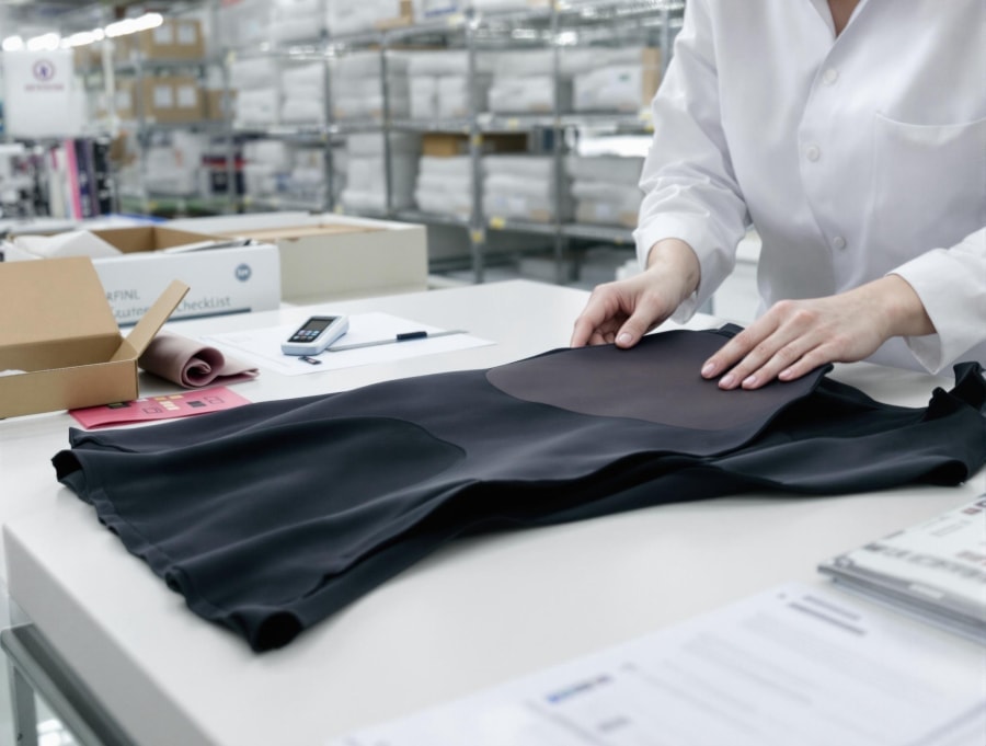 Inspección de piezas cortadas de prendas moldeadoras negras antes de su procesamiento
