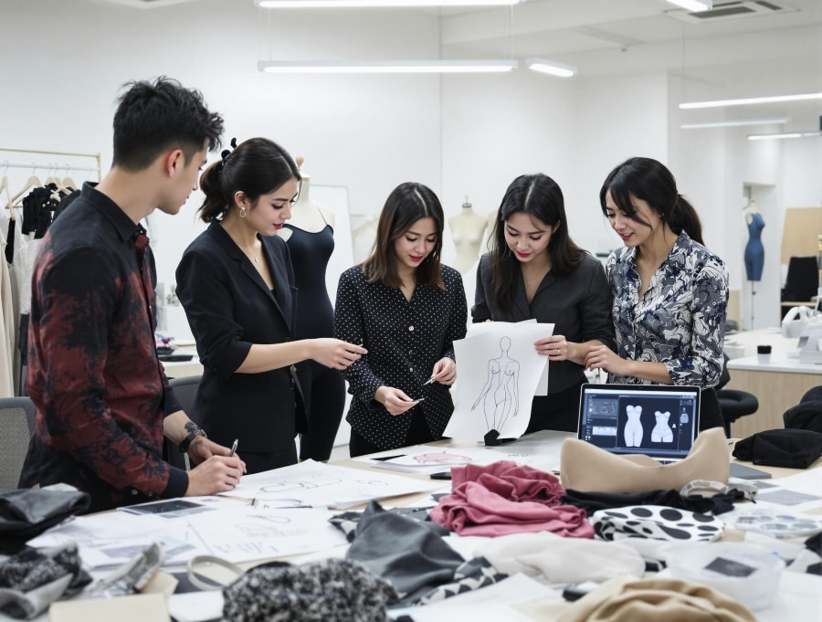 Equipo de producto que coordina modelos, materiales y diseños de prendas moldeadoras